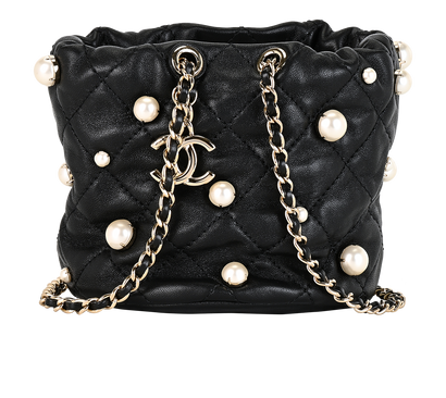 Mini Pearl Bucket Bag, &pound;1,950, Handbags, Black, Leather, Front view